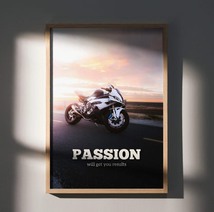 BMW S1000RR motorcycle poster with "Passion will get you results" motivational wall art in wooden frame.