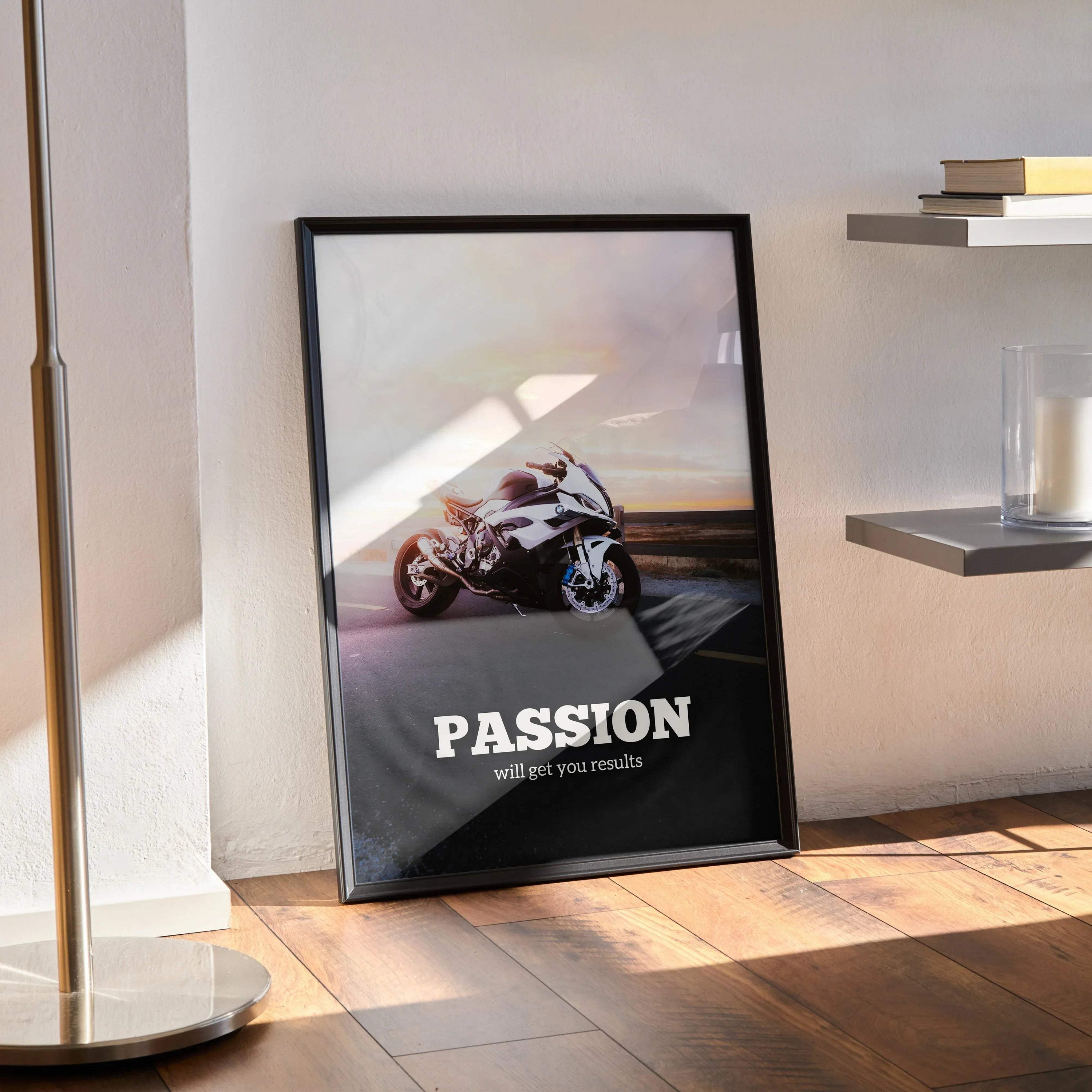 BMW S1000RR motivational poster with bold "Passion" text and sleek motorcycle wall art in black frame.