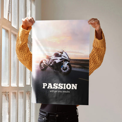 Motivational poster featuring BMW S1000RR motorcycle with inspiring text "Passion will get you results" wall art.