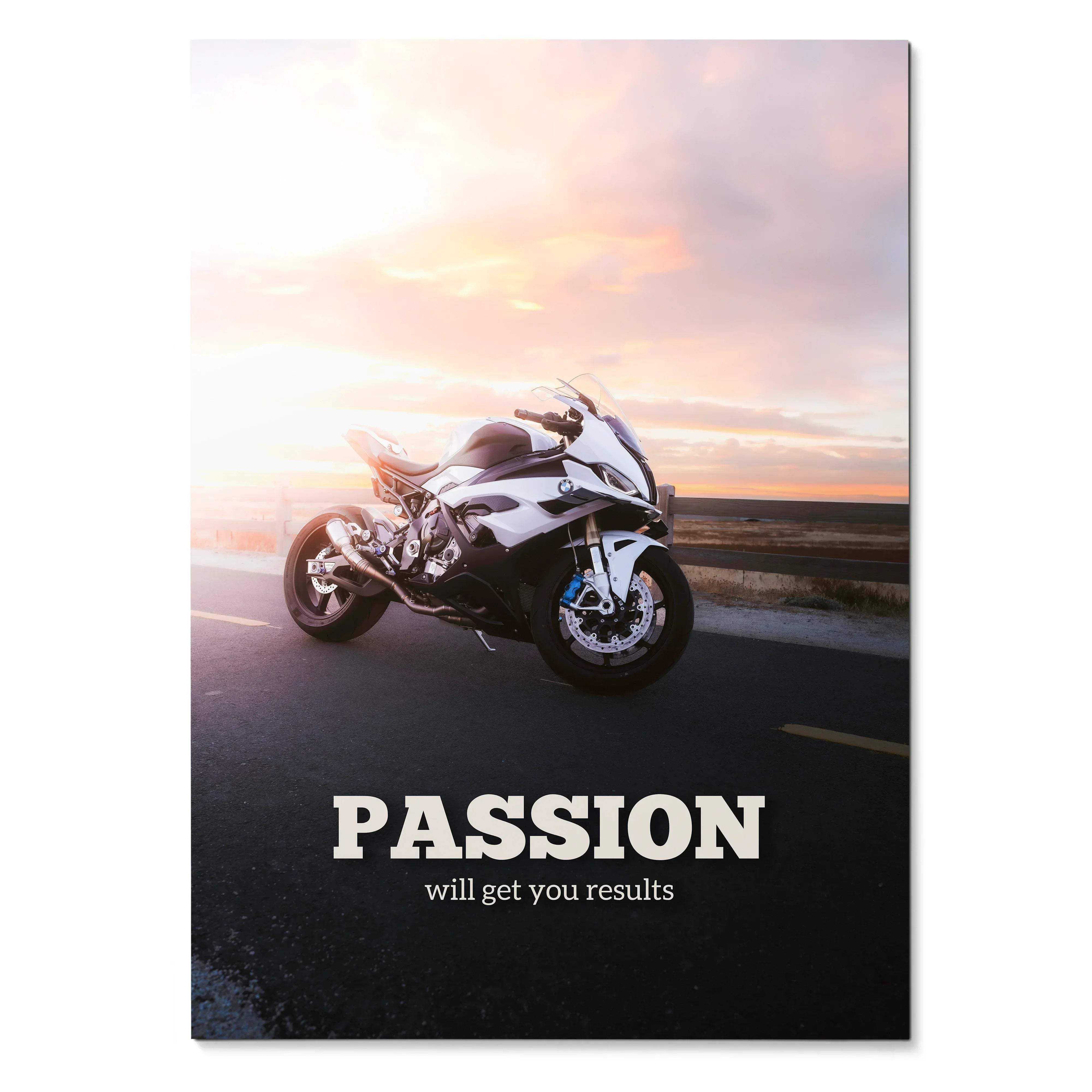 BMW S1000RR motorcycle on road at sunset with "Passion will get you results" motivational poster wall art.
