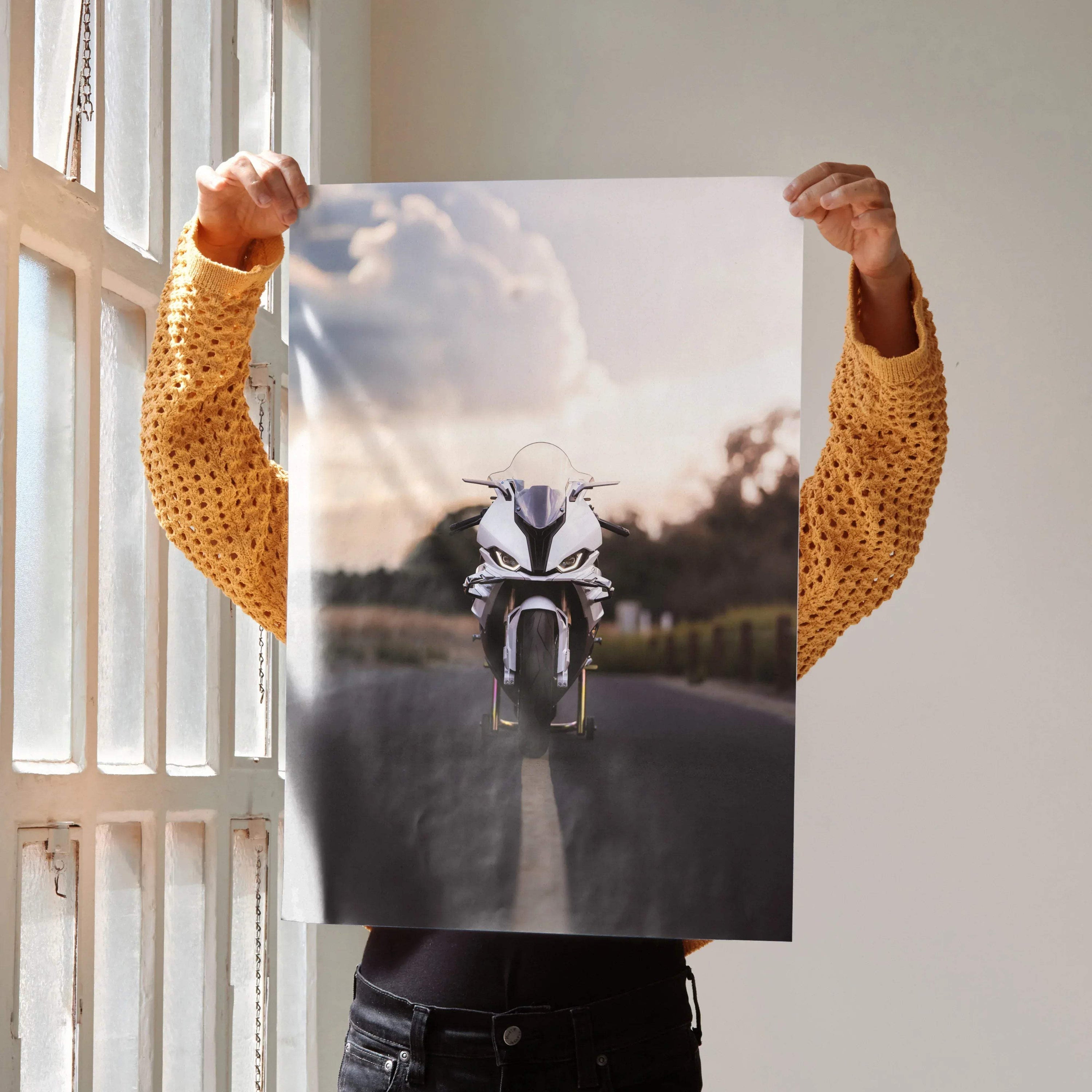 BMW S1000RR motorcycle poster with sunset background, sleek design wall art for enthusiasts.