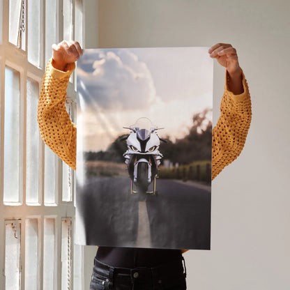 BMW S1000RR motorcycle poster with sunset background, sleek design wall art for enthusiasts.
