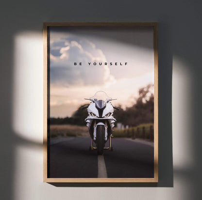 BMW S1000RR motorcycle on road with motivational "Be Yourself" text poster wall art.