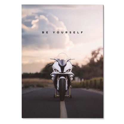 BMW S1000RR motorcycle on road under cloudy sky with "Be Yourself" motivational text poster wall art.