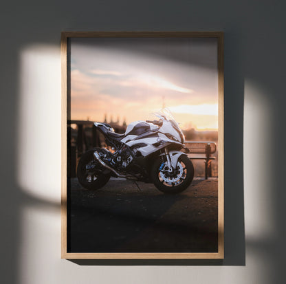 BMW S1000RR motorcycle poster with sunset background, framed wall art for home decor.