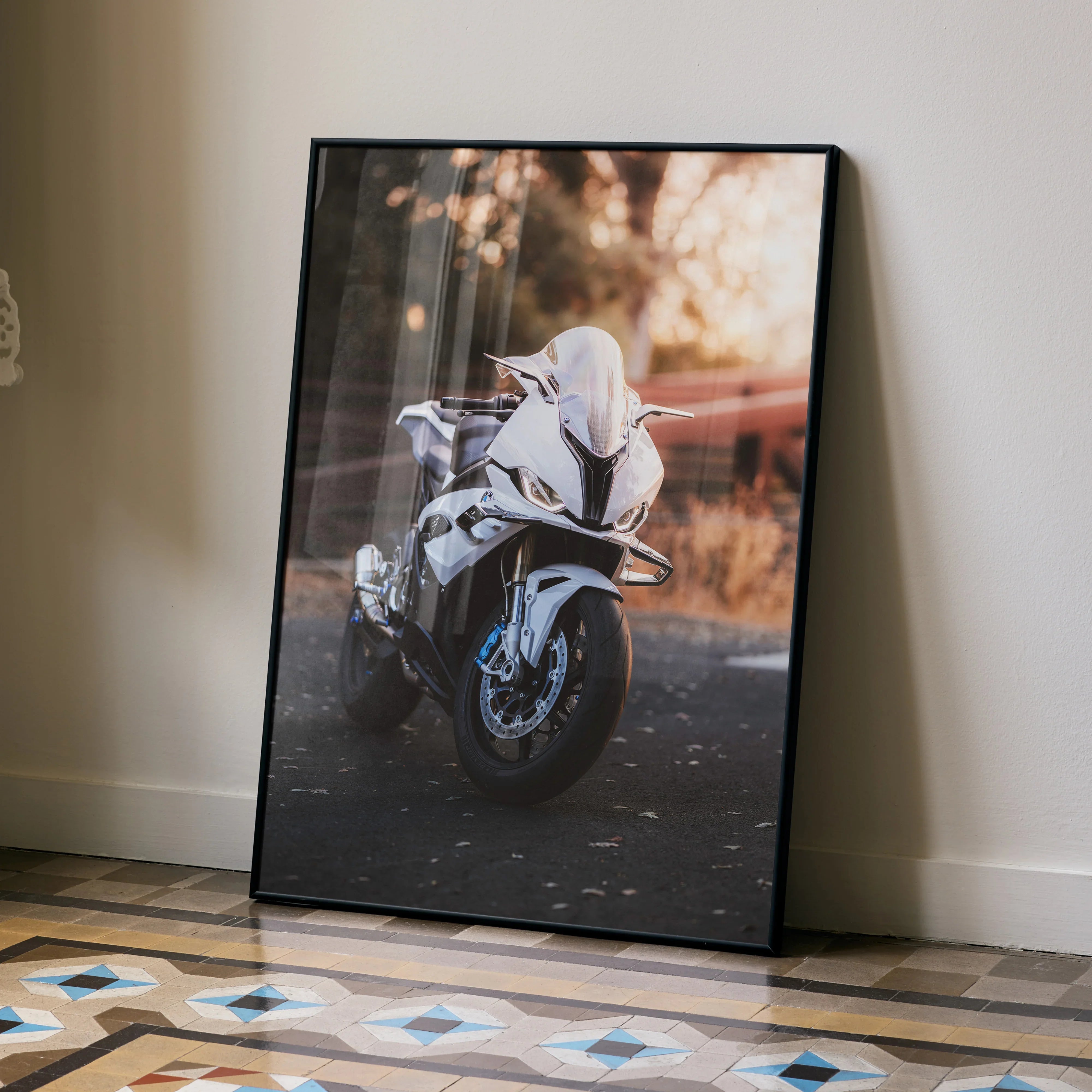 BMW S1000RR motorcycle poster featuring dynamic front view sportbike wall art with blurred background.
