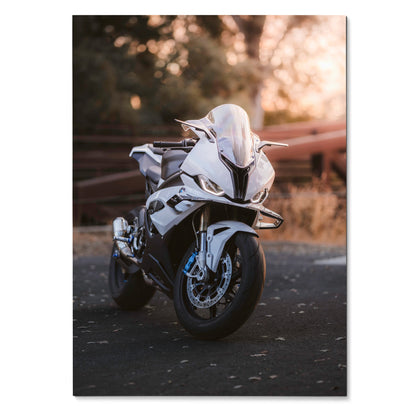 BMW S1000RR motorcycle poster with sleek white sport bike design, outdoor backdrop wall art.