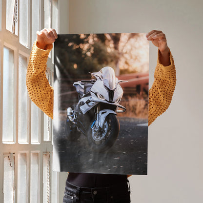 BMW S1000RR motorcycle poster with dynamic motion blur, sleek design, and warm sunset tones, wall art for enthusiasts.