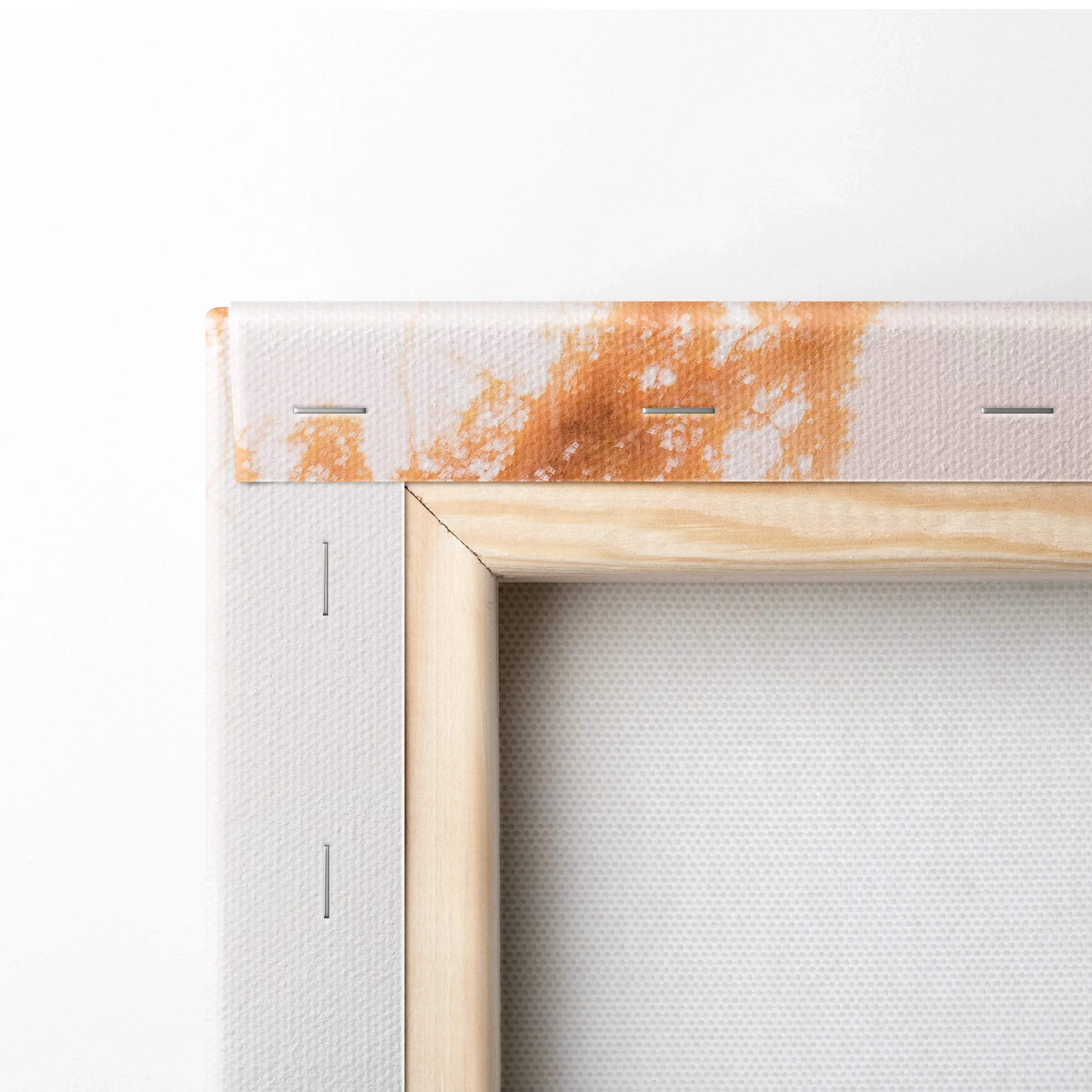 Light-colored wooden frame canvas wall art with subtle orange and white paint splatters inspired by bmw s1000rr motorcycle