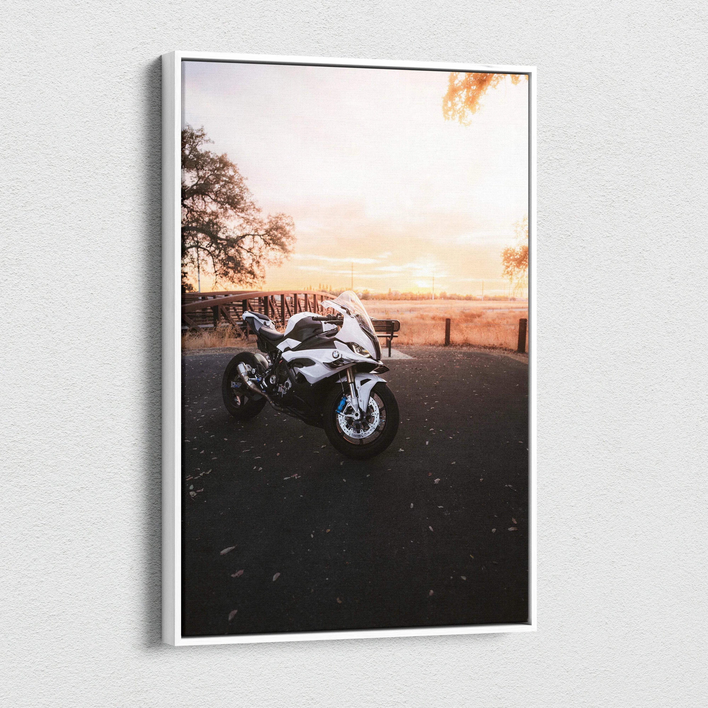BMW S1000RR motorcycle at sunset on vertical canvas wall art with high-resolution detail.