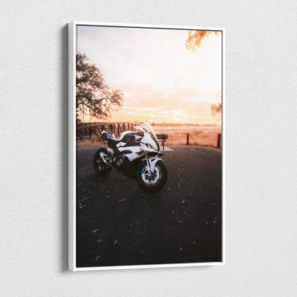 BMW S1000RR motorcycle at sunset on vertical canvas wall art with high-resolution detail.