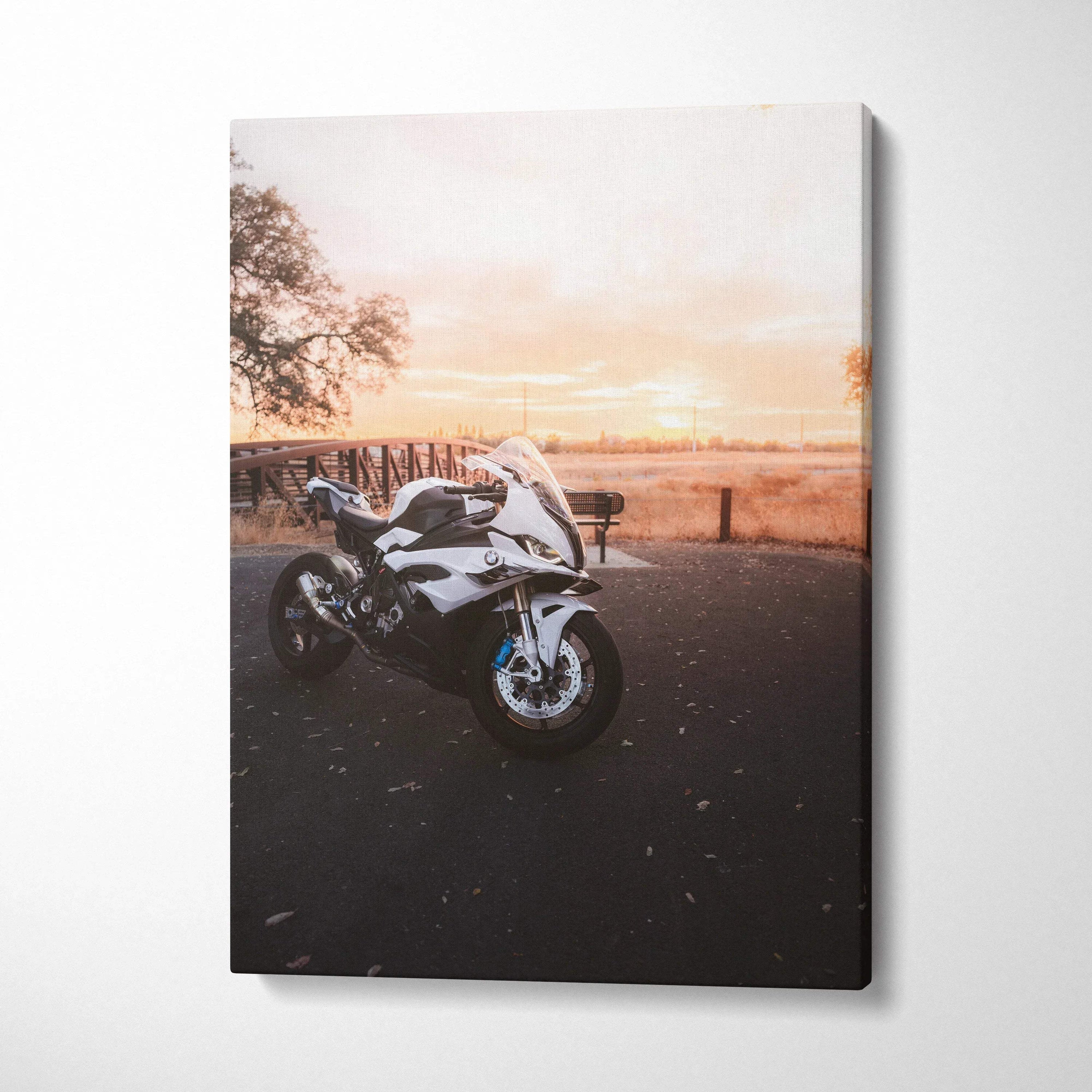 BMW S1000RR motorcycle at sunset on high-resolution vertical canvas wall art.