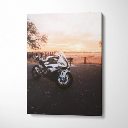 BMW S1000RR motorcycle at sunset on high-resolution vertical canvas wall art.