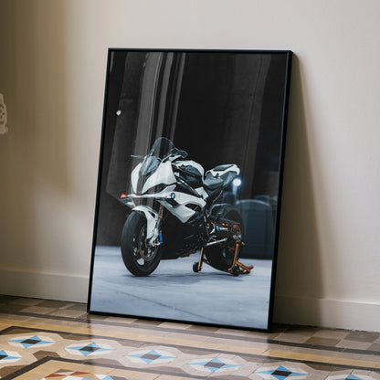 BMW S1000RR motorcycle poster with sleek white bike and detailed shadows, modern wall art print.