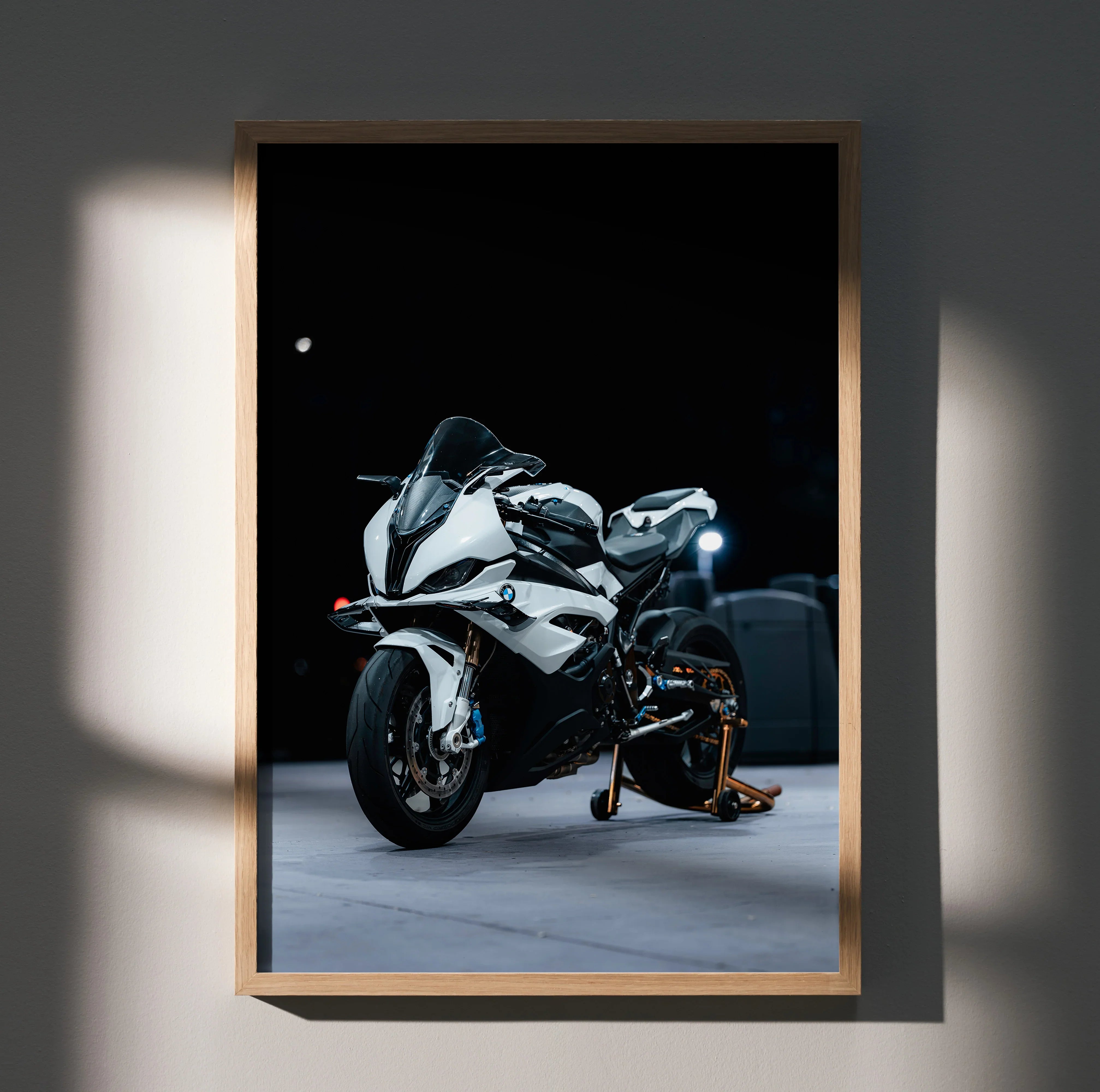BMW S1000RR motorcycle poster with sleek white and black design, premium wall art print.