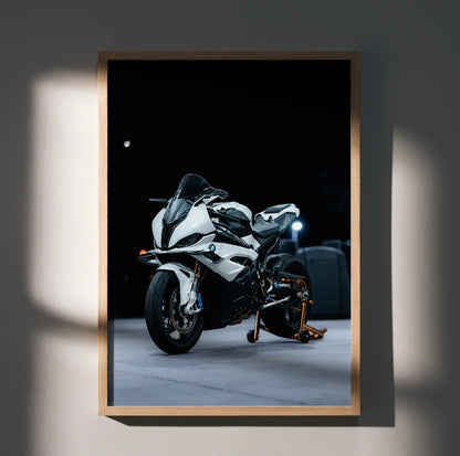 BMW S1000RR motorcycle poster with sleek white and black design, premium wall art print.
