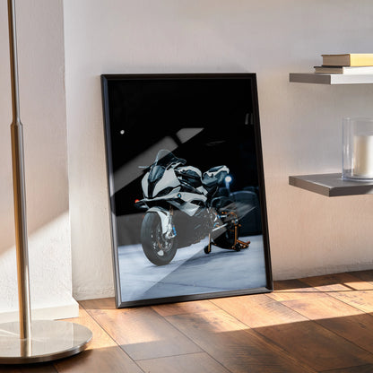 BMW S1000RR motorcycle poster with sleek black and white design, premium wall art print in black frame.