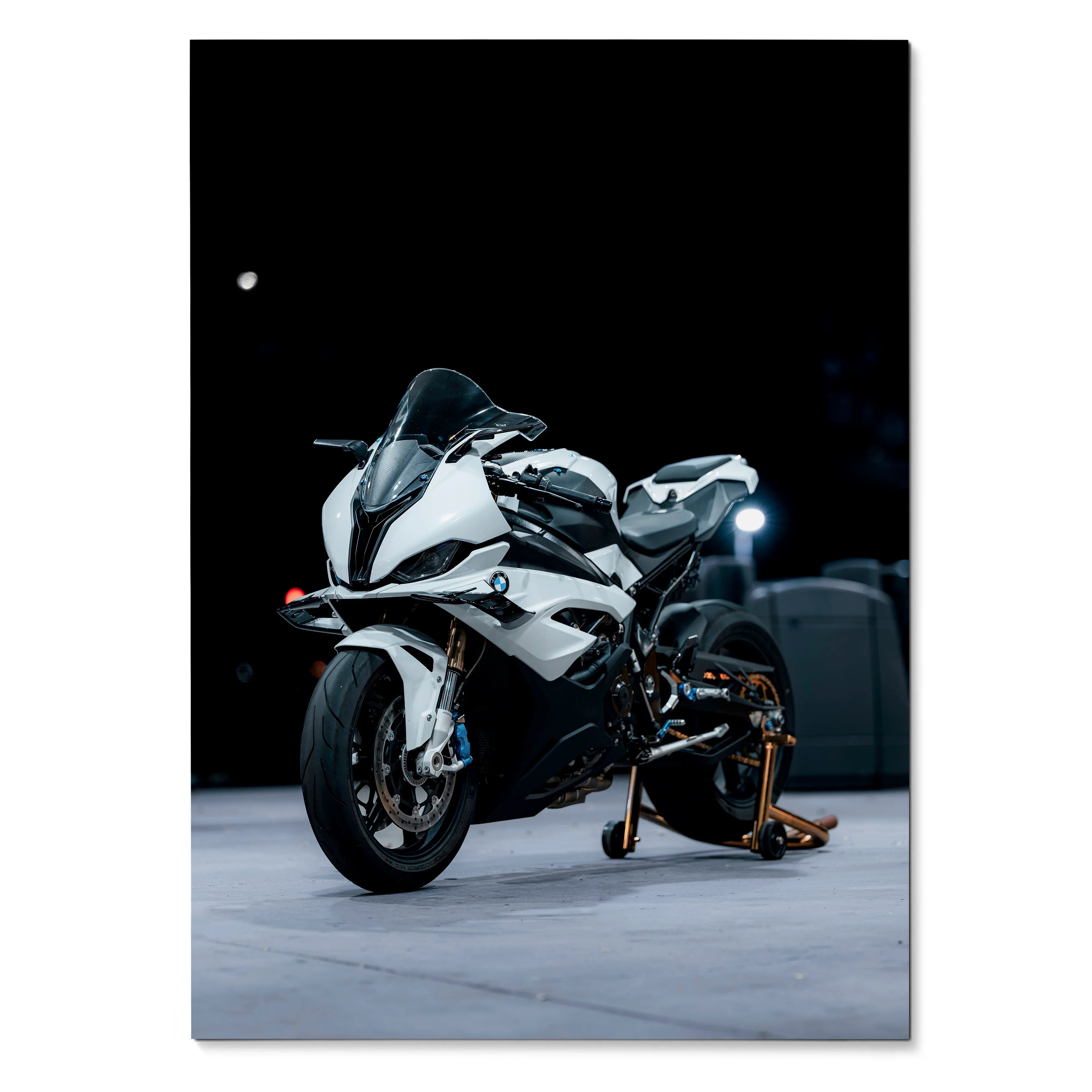 BMW S1000RR motorcycle poster with white and black sportbike design, premium wall art.