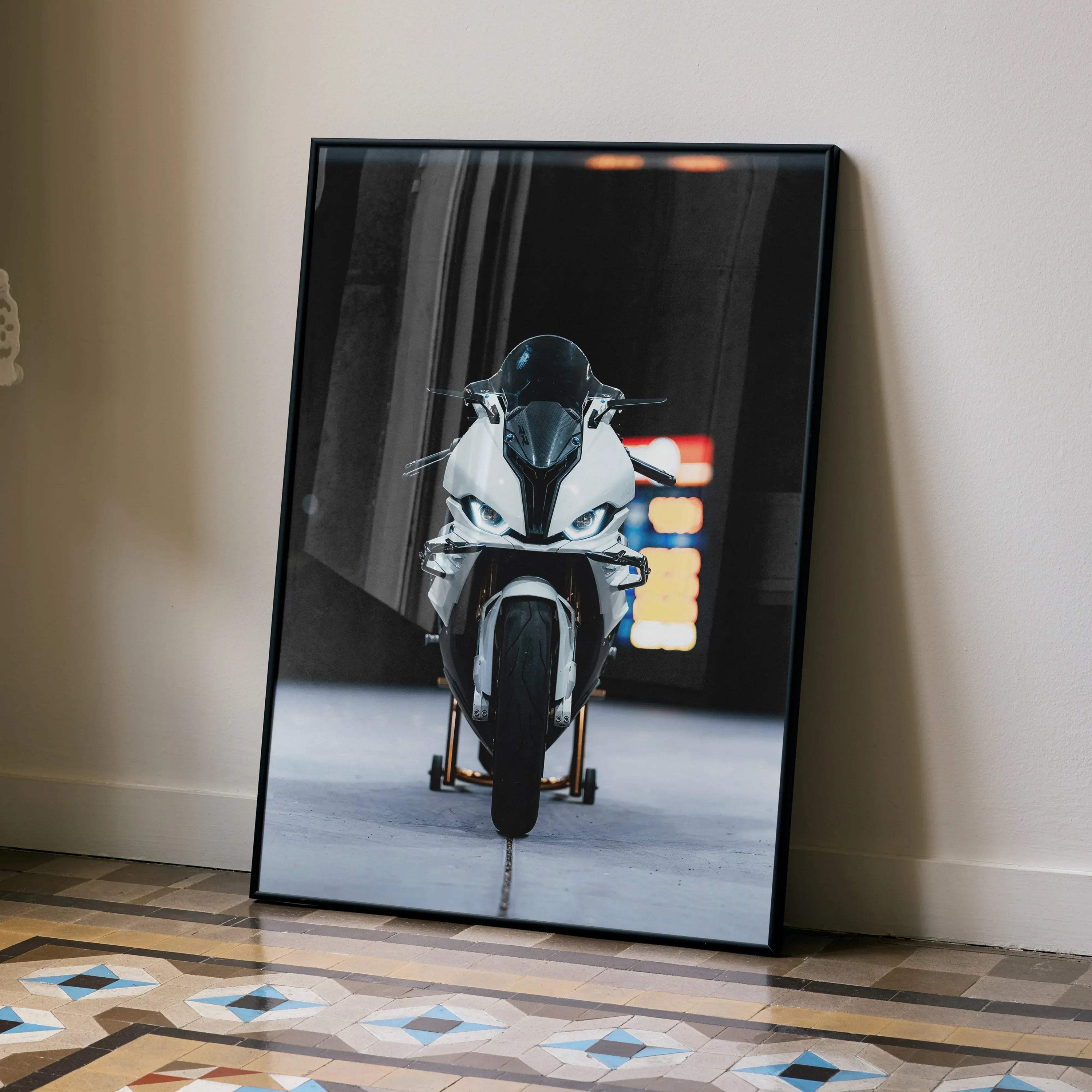 BMW S1000RR motorcycle poster wall art with dark background and reflective floor.