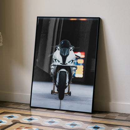 BMW S1000RR motorcycle poster wall art with dark background and reflective floor.