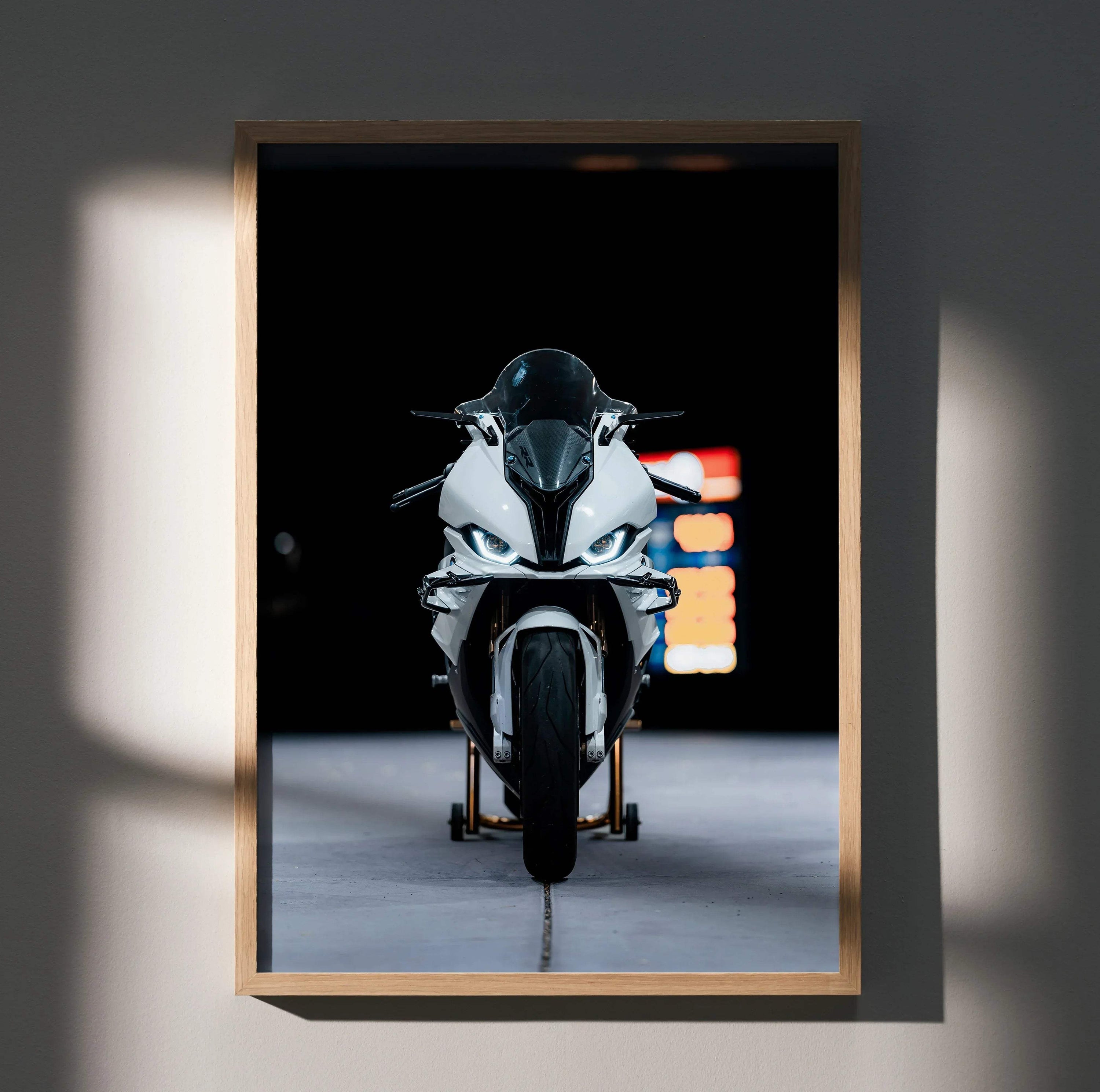 BMW S1000RR motorcycle poster featuring sleek front view in black and white, modern wall art.