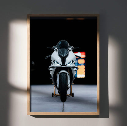 BMW S1000RR motorcycle poster featuring sleek front view in black and white, modern wall art.