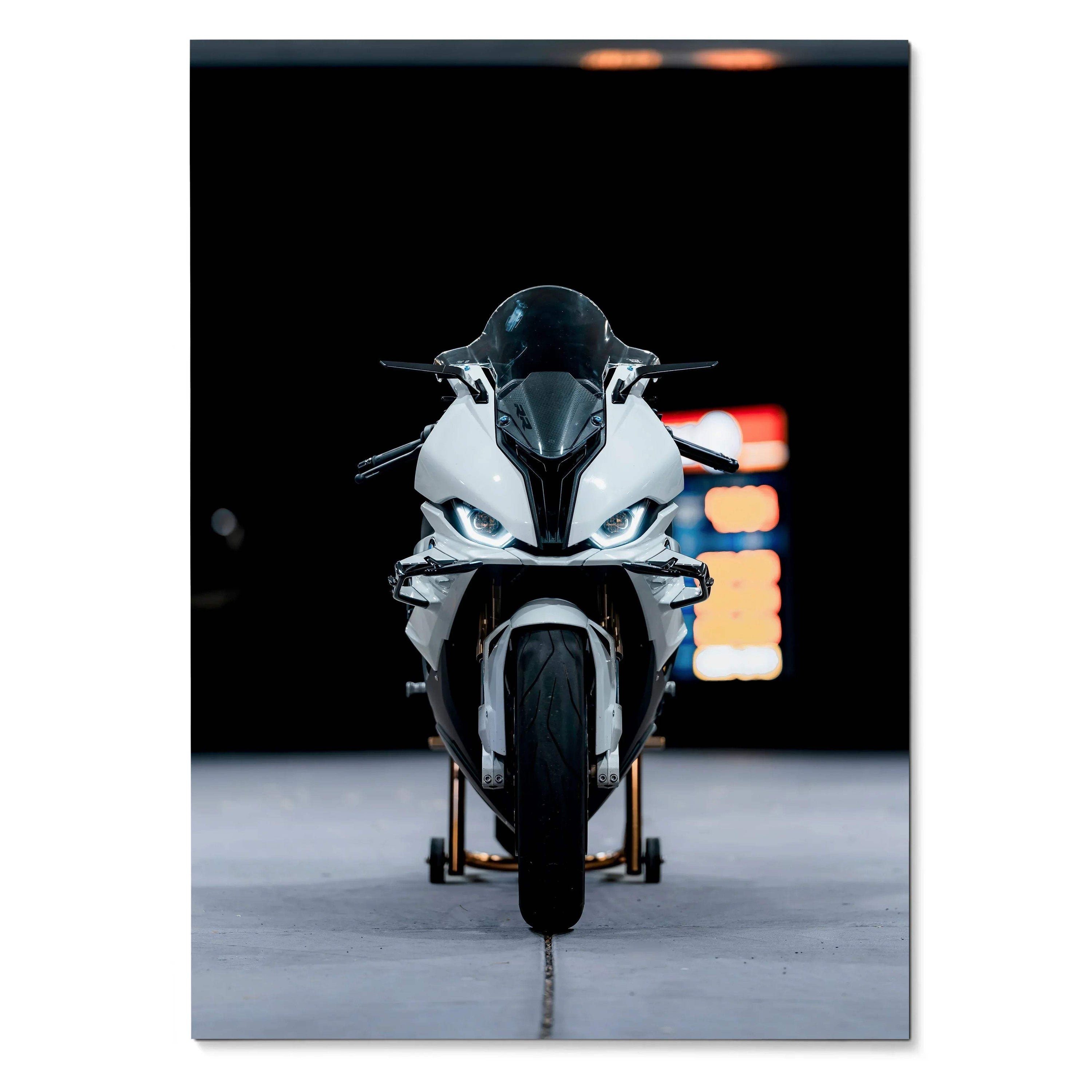 BMW S1000RR motorcycle front view poster wall art with dark background.