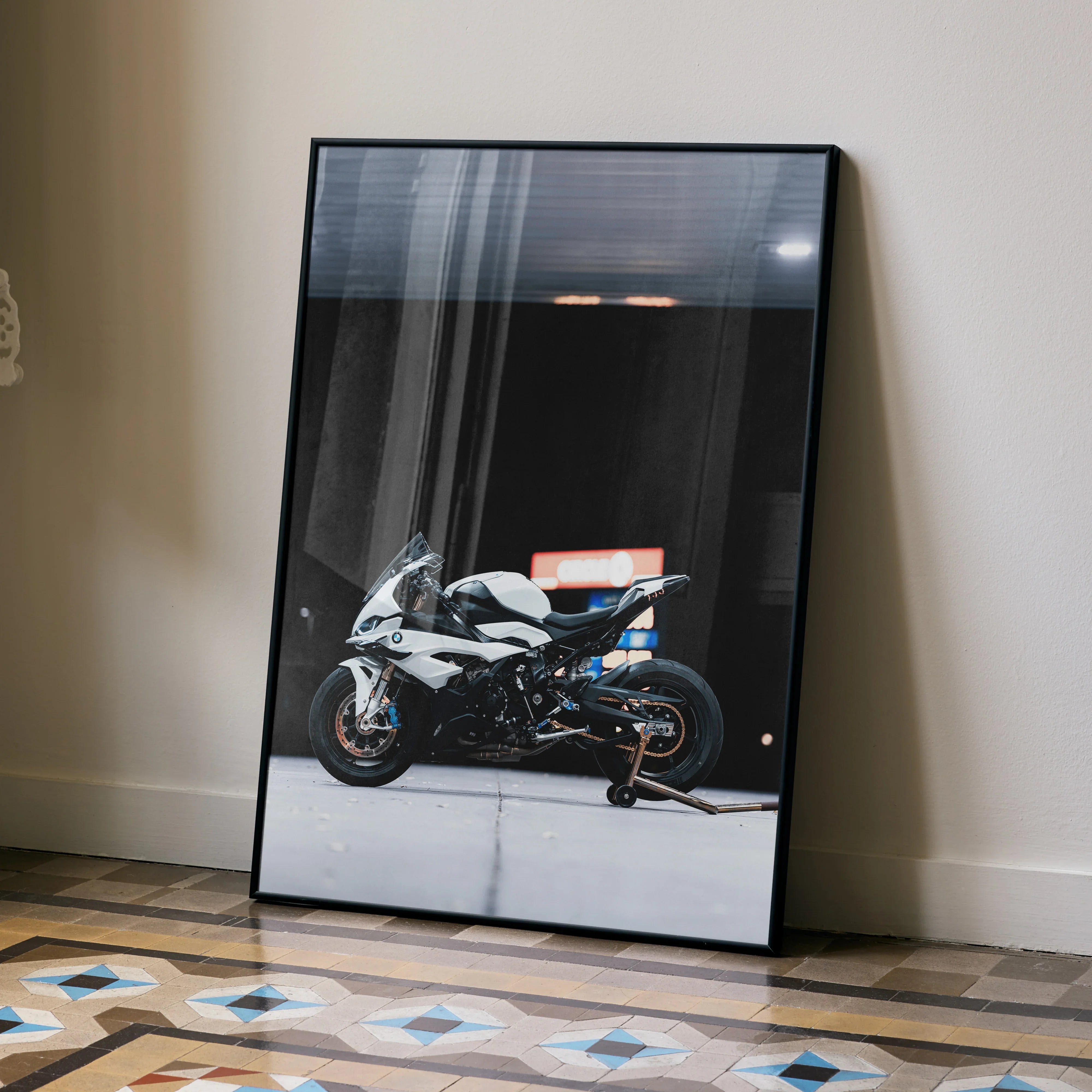 BMW S1000RR motorcycle poster with sleek black and white design, modern wall art decor.