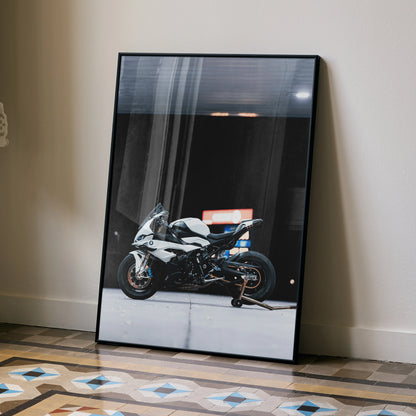 BMW S1000RR motorcycle poster with sleek black and white design, modern wall art decor.
