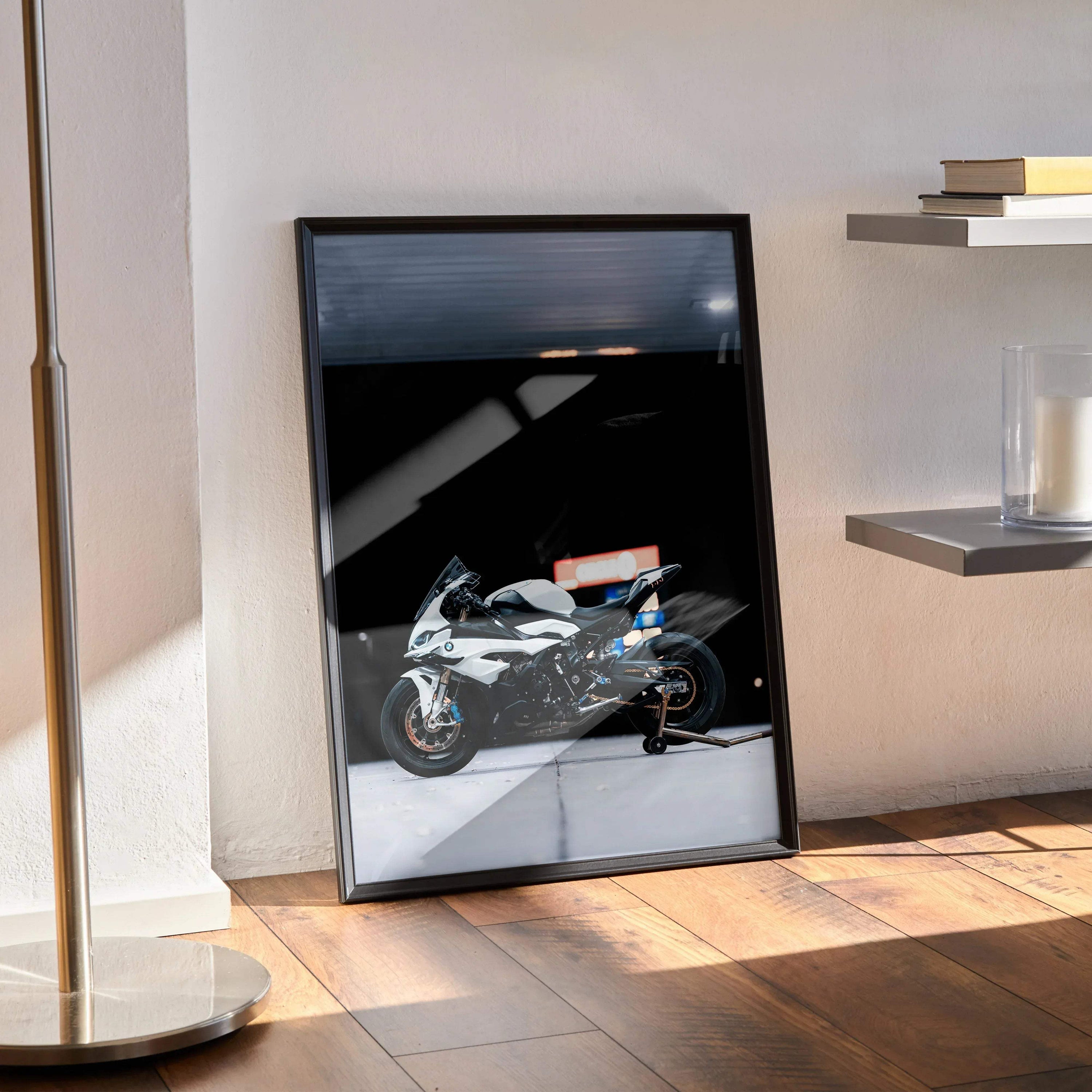 BMW S1000RR motorcycle poster with sleek black and silver design, modern wall art in black frame.