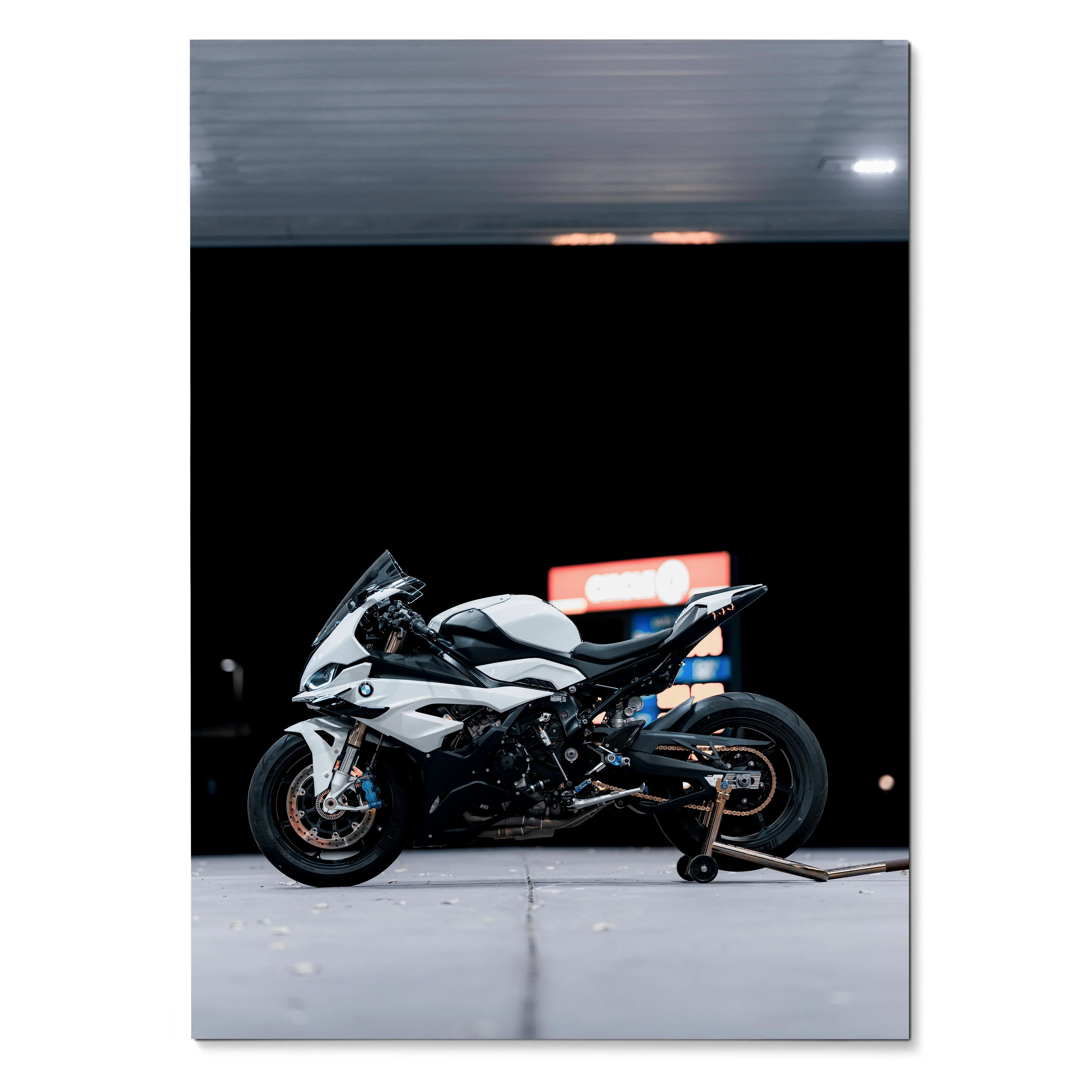 BMW S1000RR motorcycle poster with black and white sleek design wall art.