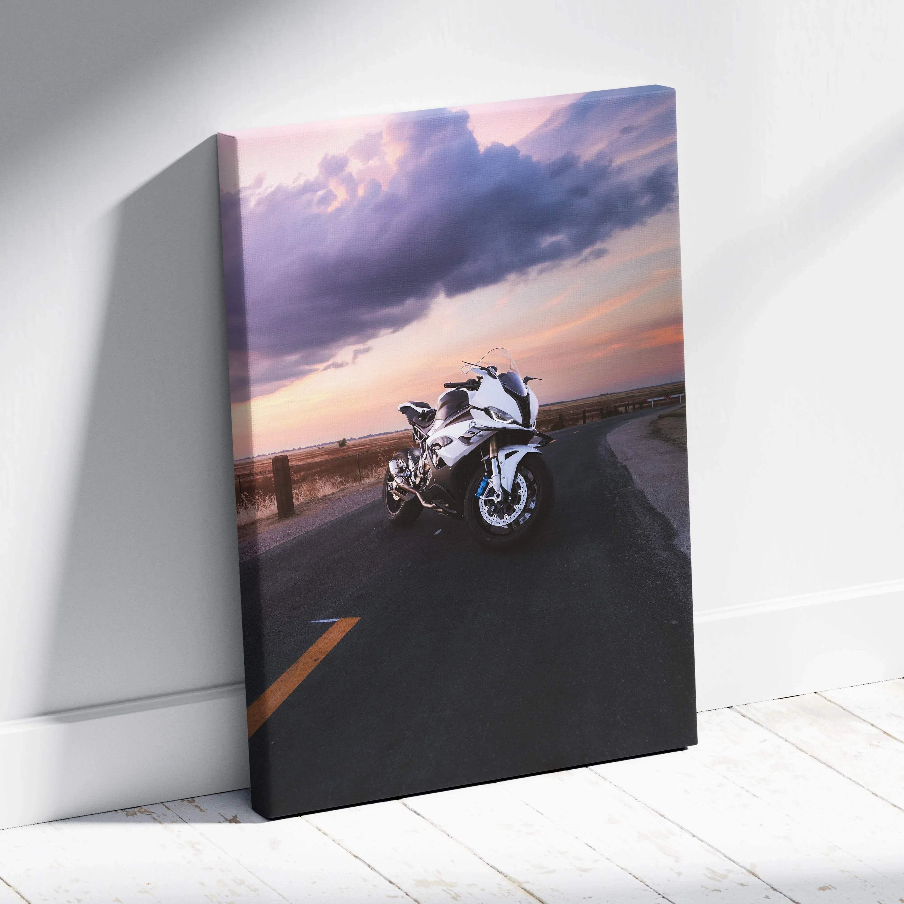 BMW S1000RR motorcycle canvas wall art with sunset sky and road background in vertical format.