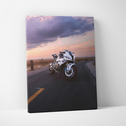 BMW S1000RR motorcycle canvas wall art with sunset background, high-resolution vertical print.