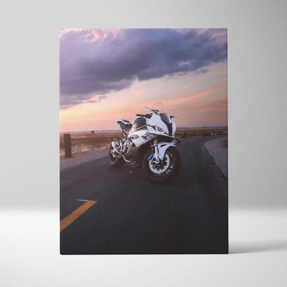 White BMW S1000RR motorcycle on road at sunset vertical canvas wall art.