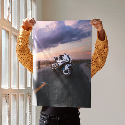 BMW S1000RR motorcycle wall art poster with sunset sky and road background.