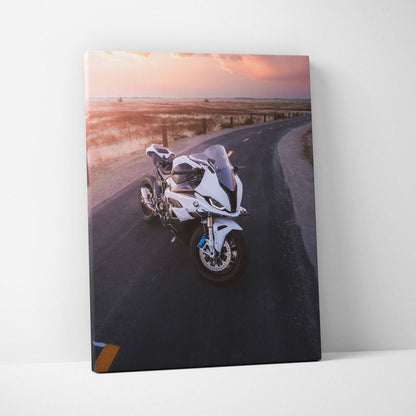 BMW S1000RR motorcycle on curved road at sunset canvas wall art print.