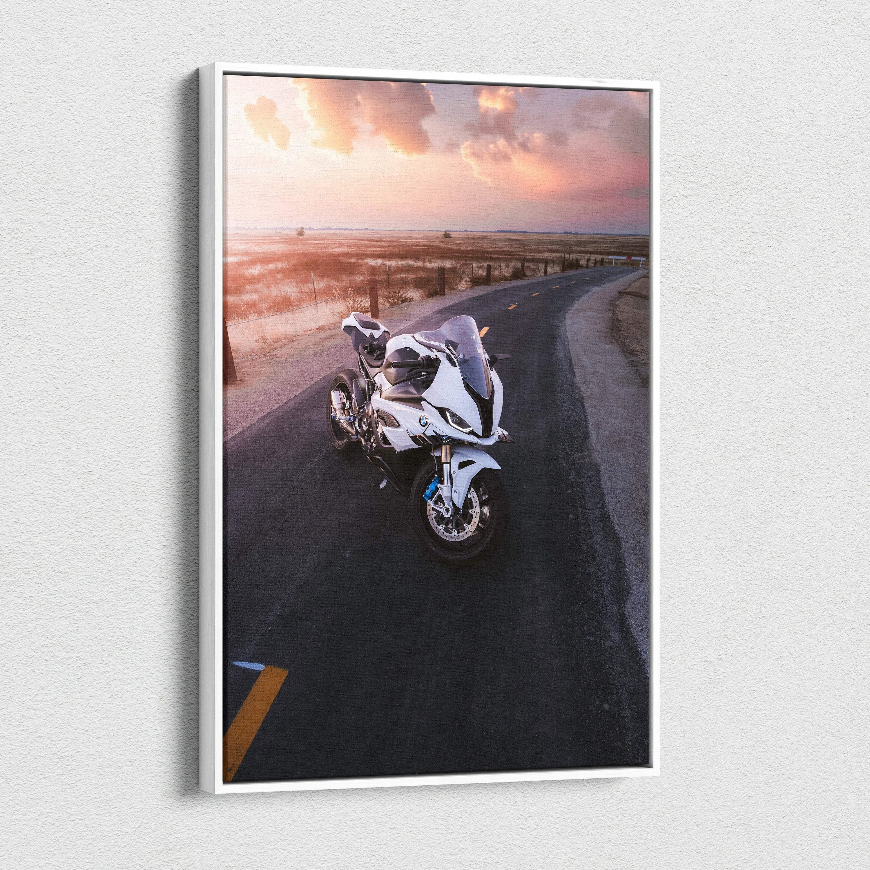 BMW S1000RR motorcycle on sunset road canvas wall art vertical museum-quality print.