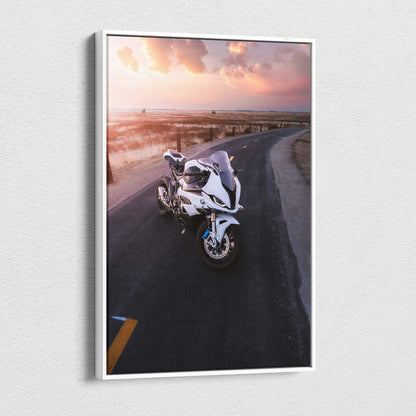 BMW S1000RR motorcycle on sunset road canvas wall art vertical museum-quality print.