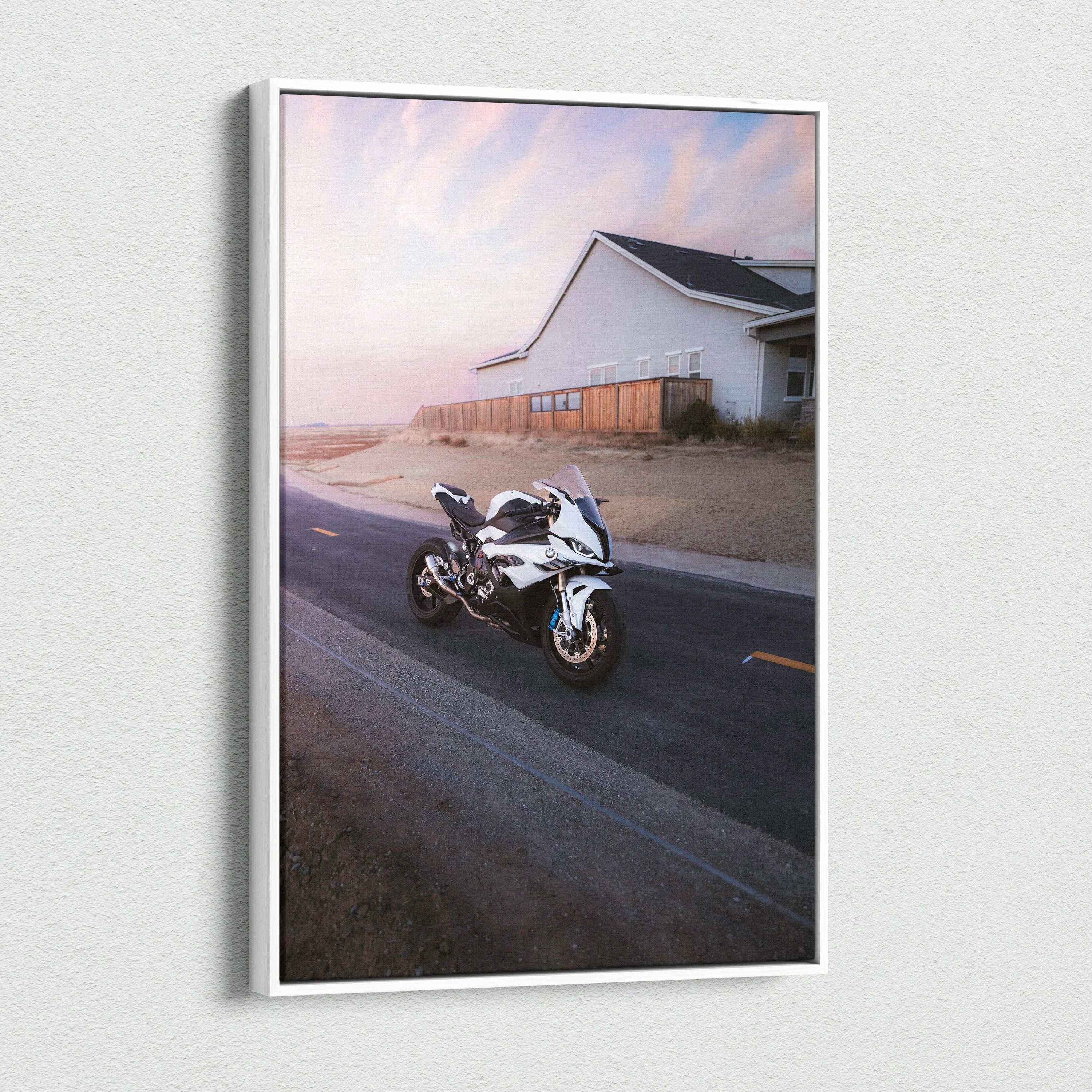Vertical canvas art featuring a BMW S1000RR motorcycle on a desert road at sunset, museum quality wall art.