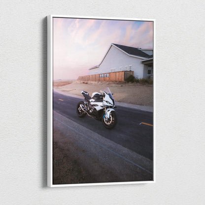 Vertical canvas art featuring a BMW S1000RR motorcycle on a desert road at sunset, museum quality wall art.