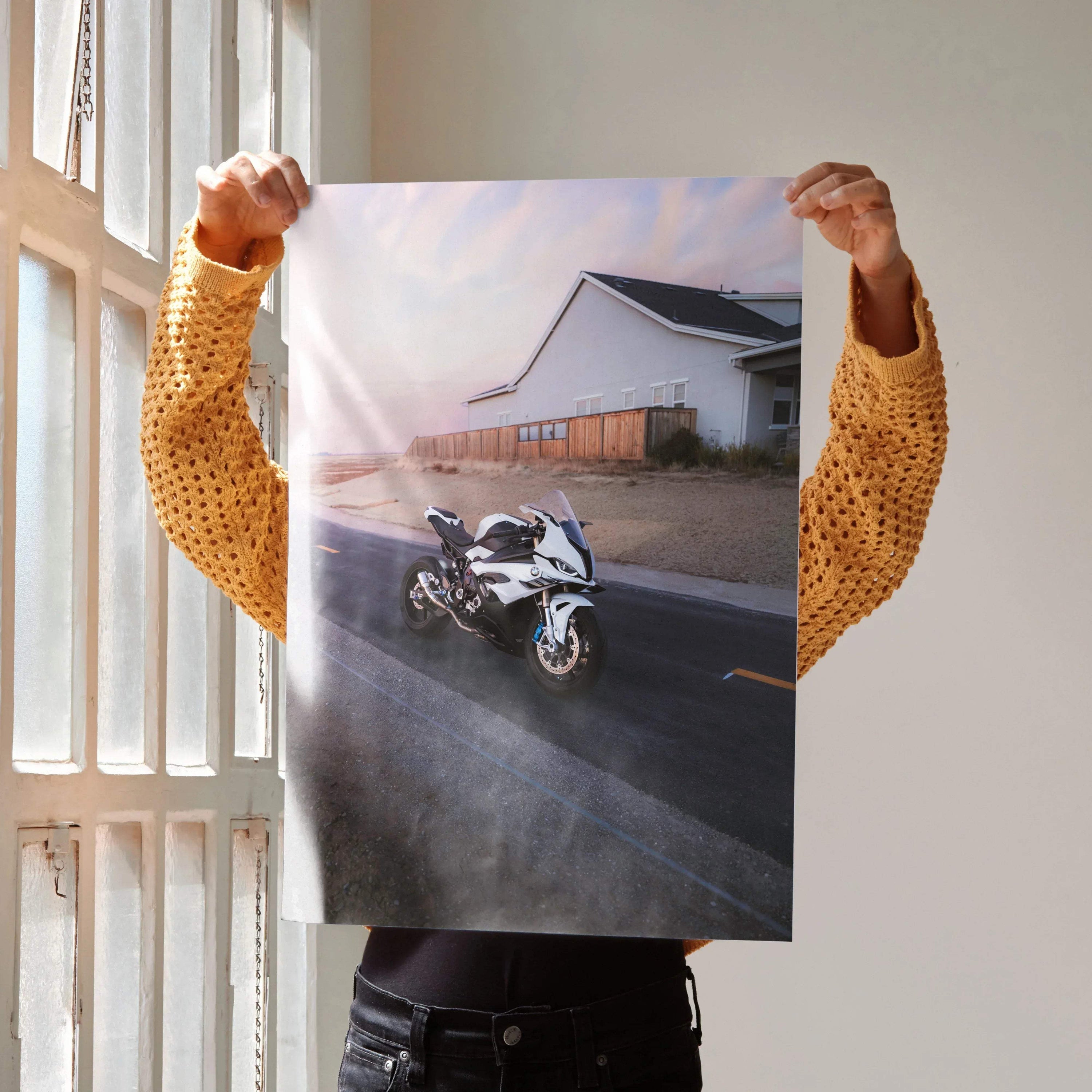 BMW S1000RR motorcycle poster showcasing sleek bike on sunset road, modern wall art for enthusiasts.