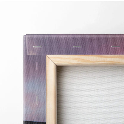 Close-up of wooden frame stretched with canvas for wall art, showing staples and canvas texture.