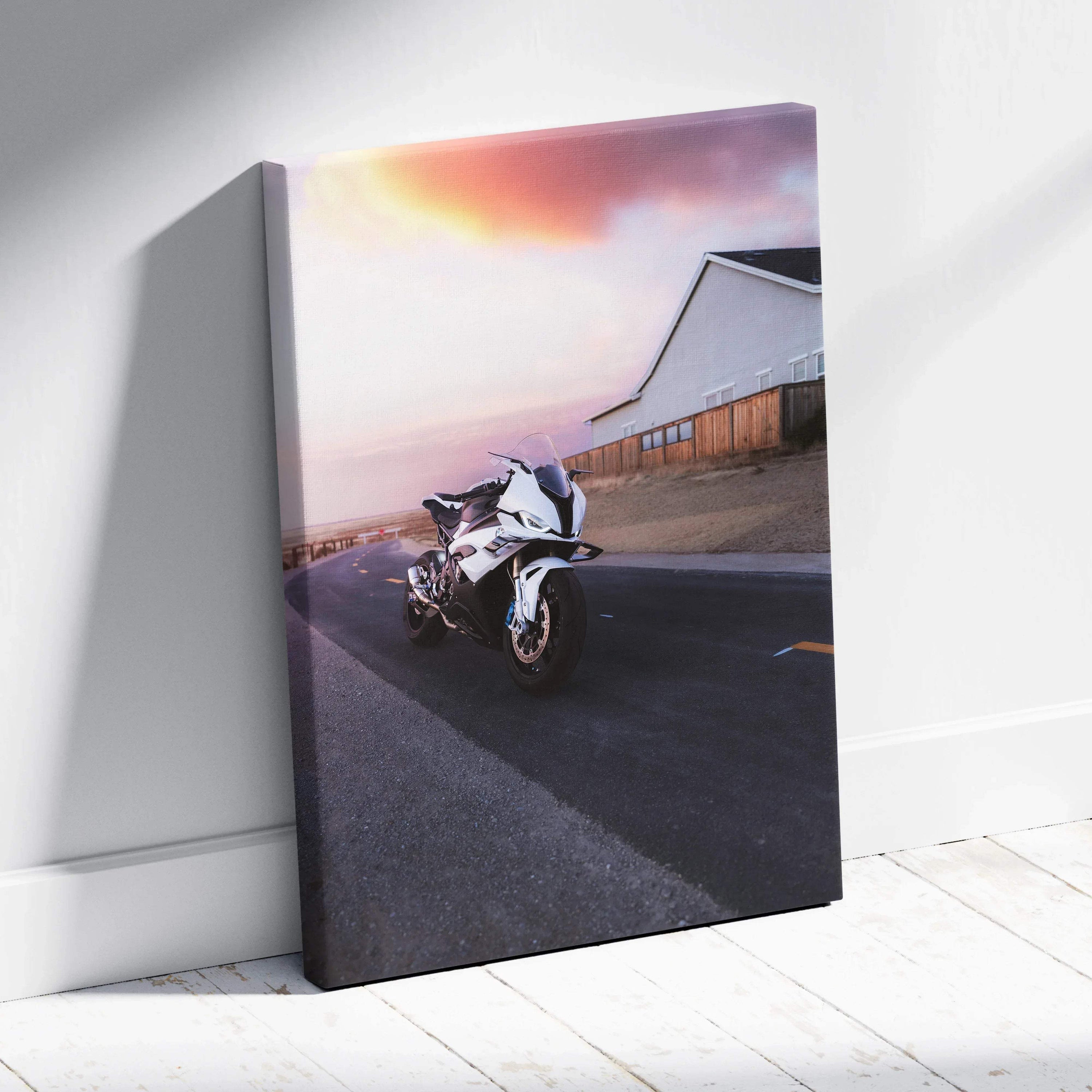BMW S1000RR motorcycle against sunset sky on vertical canvas wall art with museum-quality print.