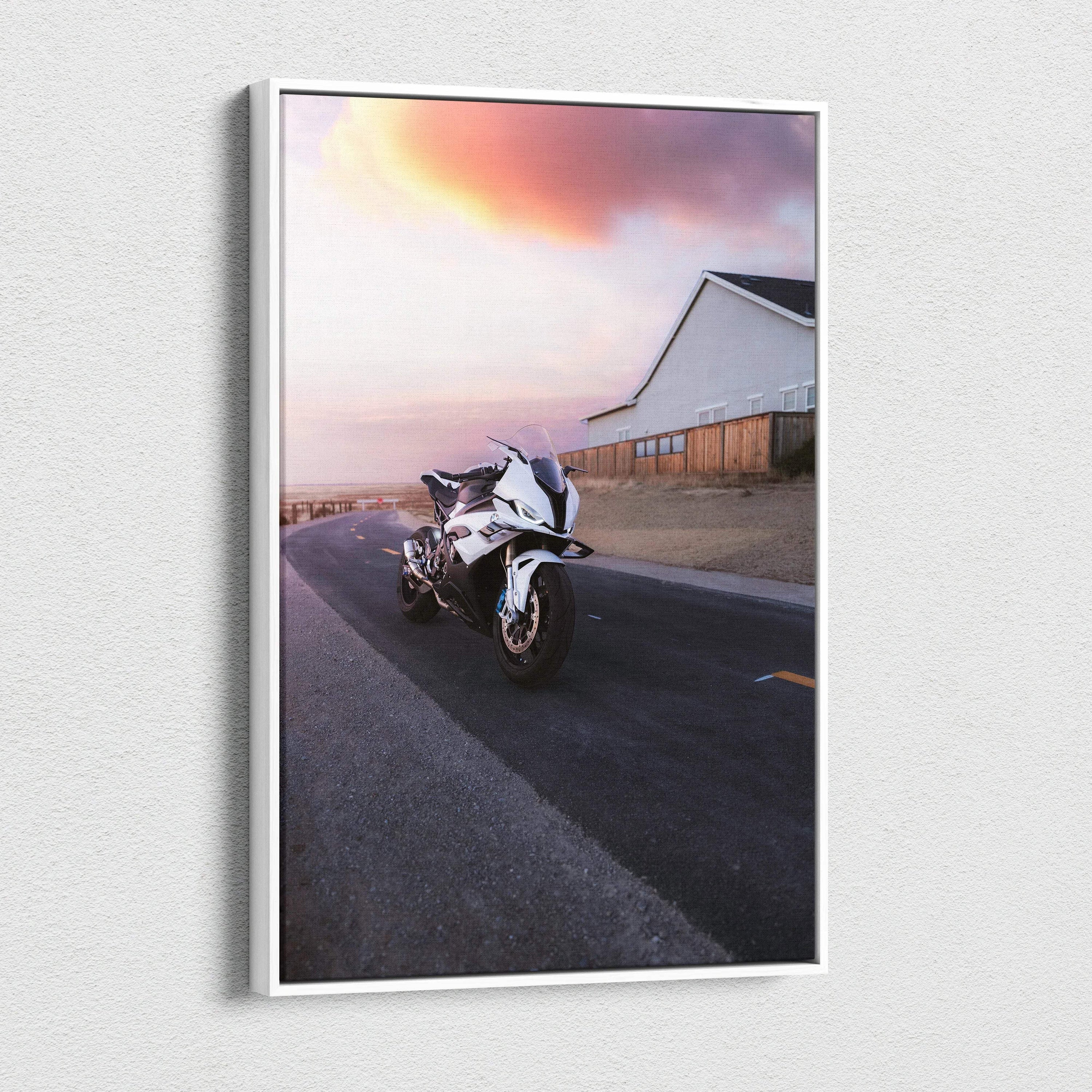 BMW S1000RR motorcycle on road at sunset vertical canvas wall art with modern white frame.