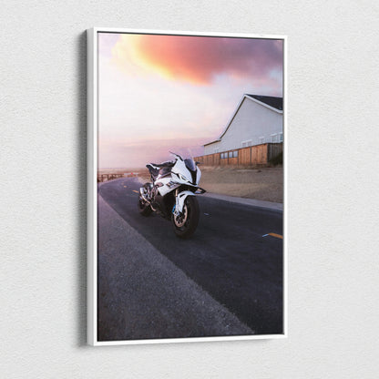 BMW S1000RR motorcycle on road at sunset vertical canvas wall art with modern white frame.