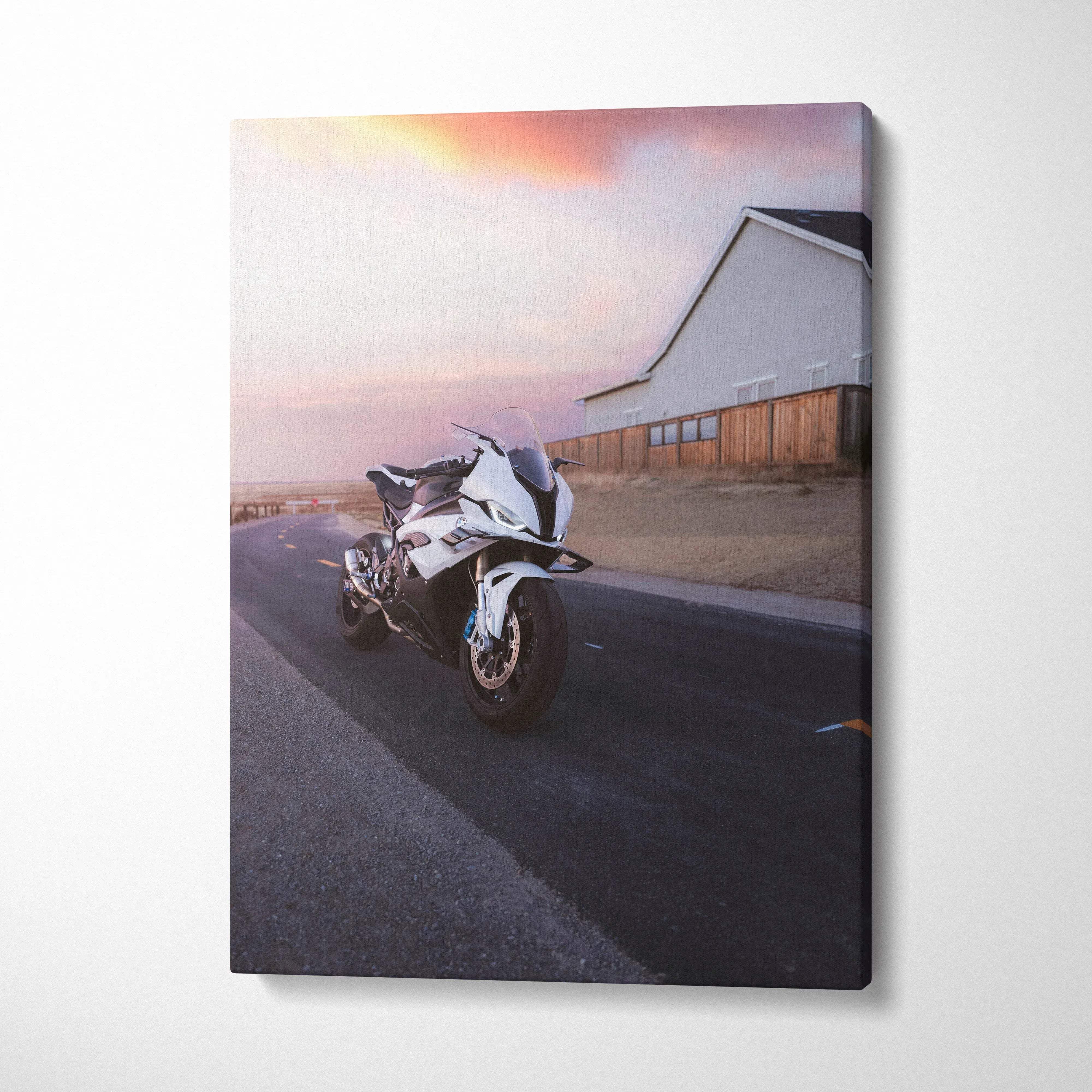 Vertical canvas art of a BMW S1000RR motorcycle on an empty road at sunset, modern wall art.