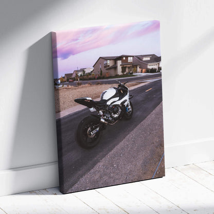 BMW S1000RR motorcycle on road sunset canvas art vertical wall art display.