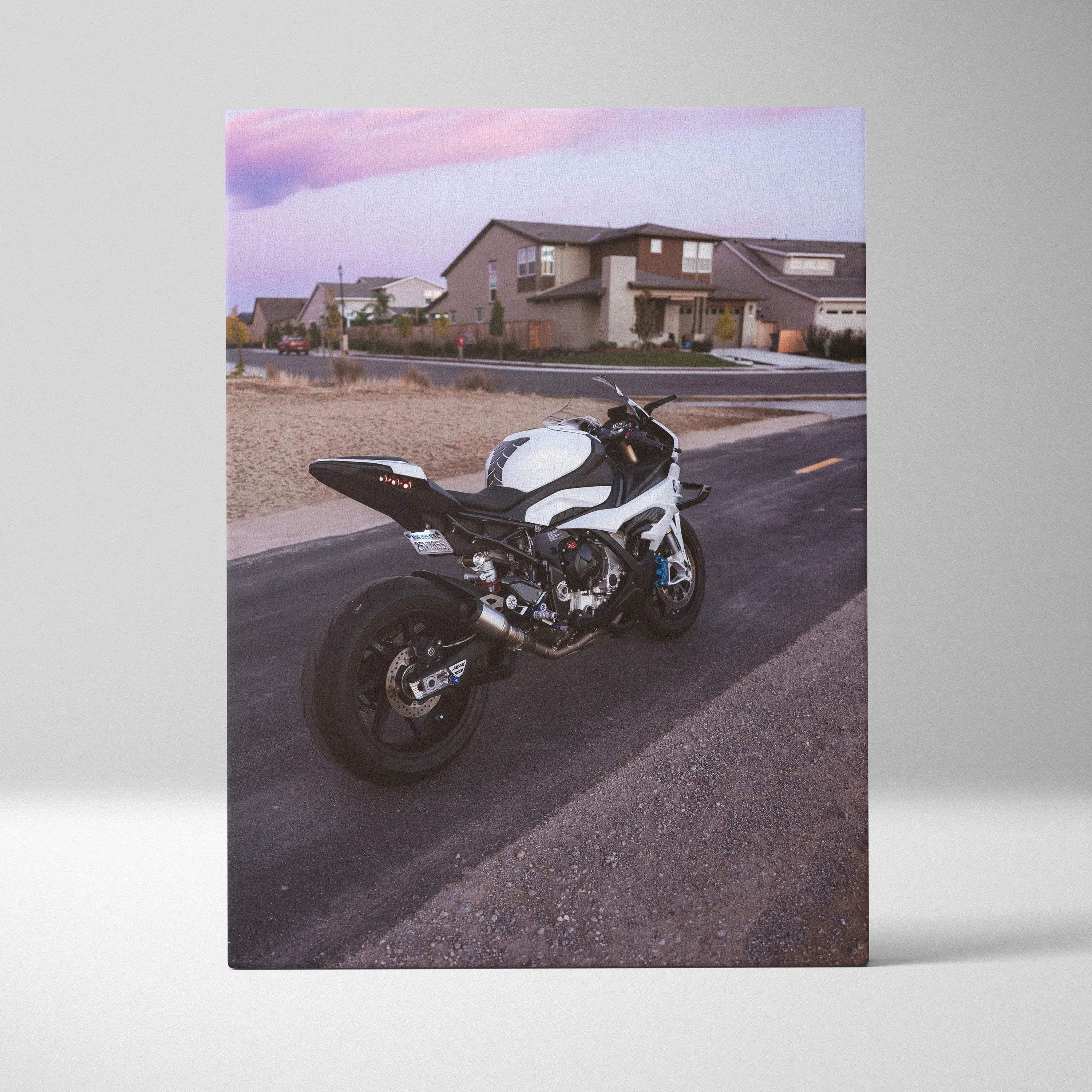 BMW S1000RR motorcycle on road at sunset vertical canvas art wall decor.