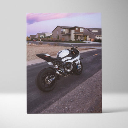 BMW S1000RR motorcycle on road at sunset vertical canvas art wall decor.