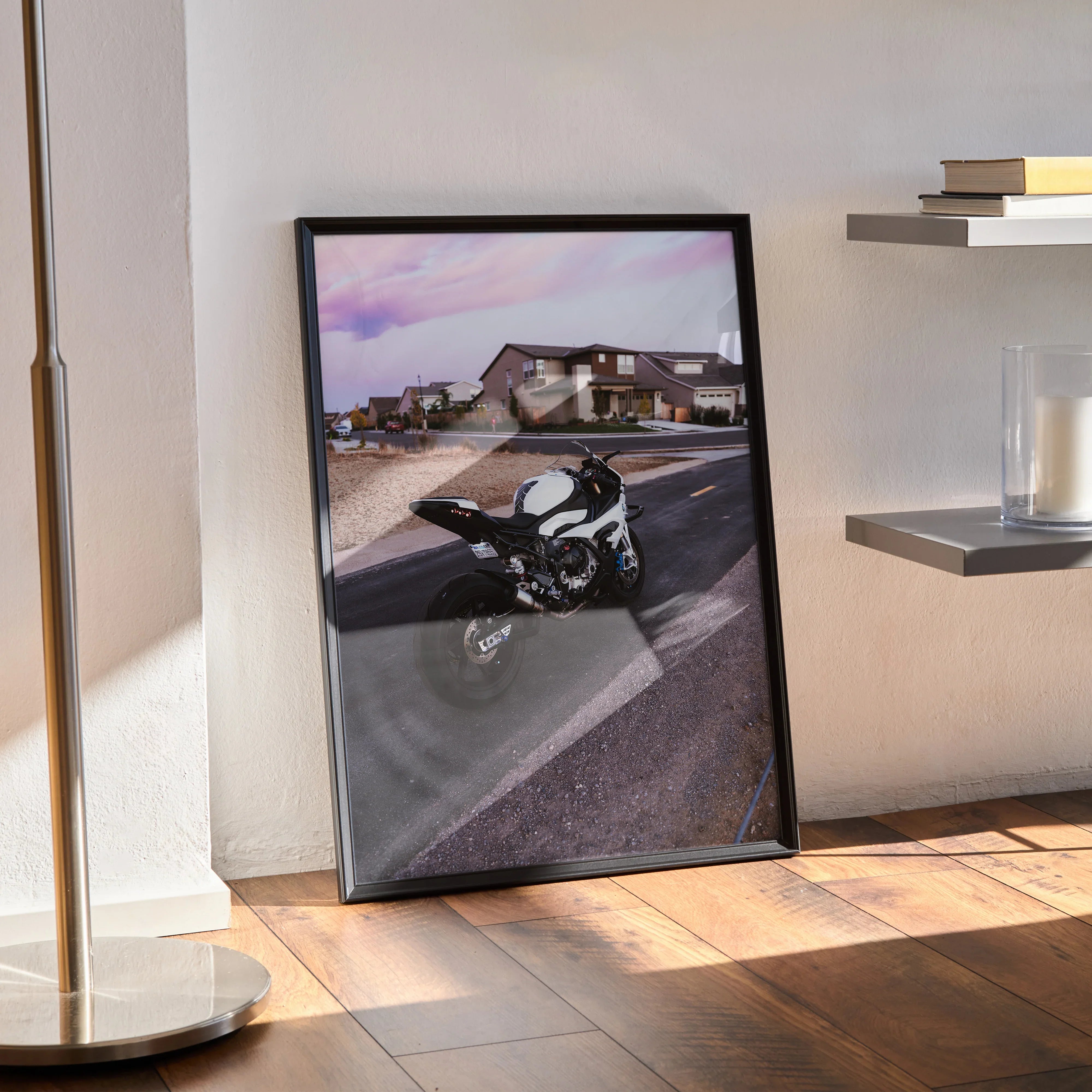 BMW S1000RR motorcycle poster with modern house backdrop, framed wall art in black frame.